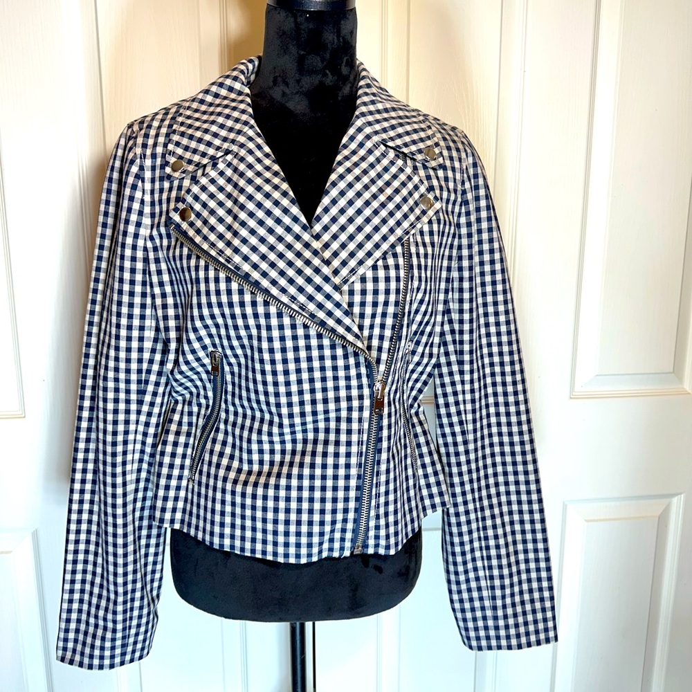 J. Crew Motorcycle jacket in gingham blue